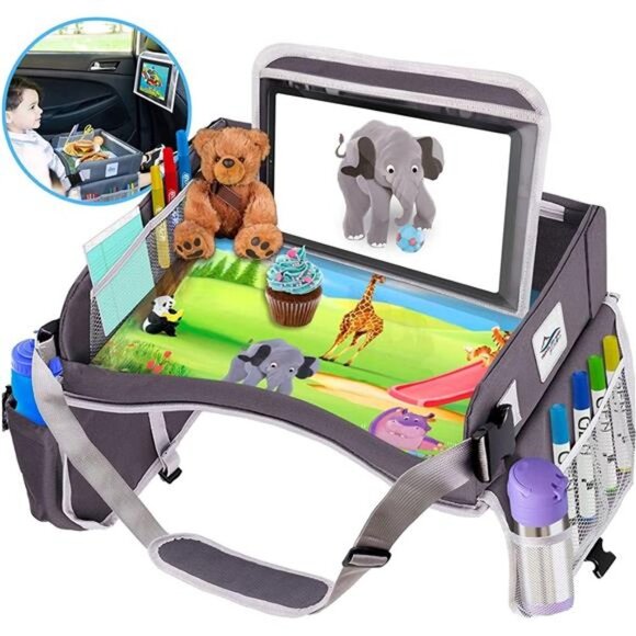 Portable Kids Travel Tray - Multi-Pocket Car Seat Tray for Toddlers -Waterproof